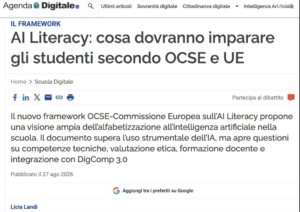 Studenti che analizzano criticamente l'intelligenza artificiale a scuola, concetto di AI Literacy secondo il framework OCSE e UE.